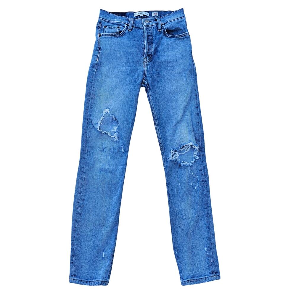 Size 24 Crop Jeans High Rise Ankle Re/Done Distressed Stretch Denim Button Fly